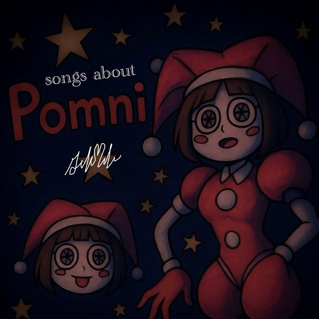 songs about Pomni &mdash; a hand-drawn jester in red and white under gold stars on a navy ground