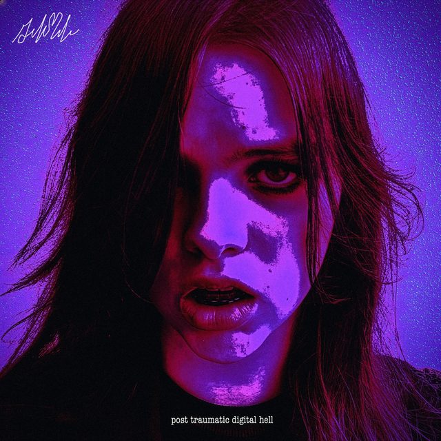 post traumatic digital hell &mdash; a face in hard magenta and violet light against a grainy purple ground