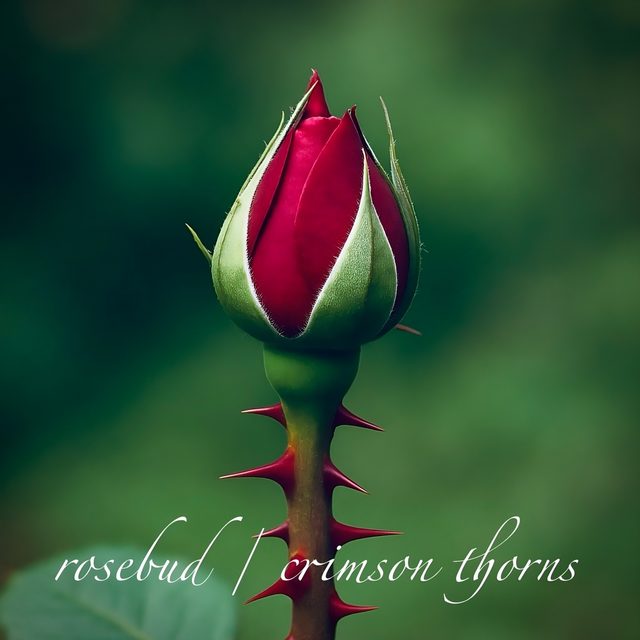 rosebud / crimson thorns &mdash; a closed crimson rosebud on a thorned stem against deep green
